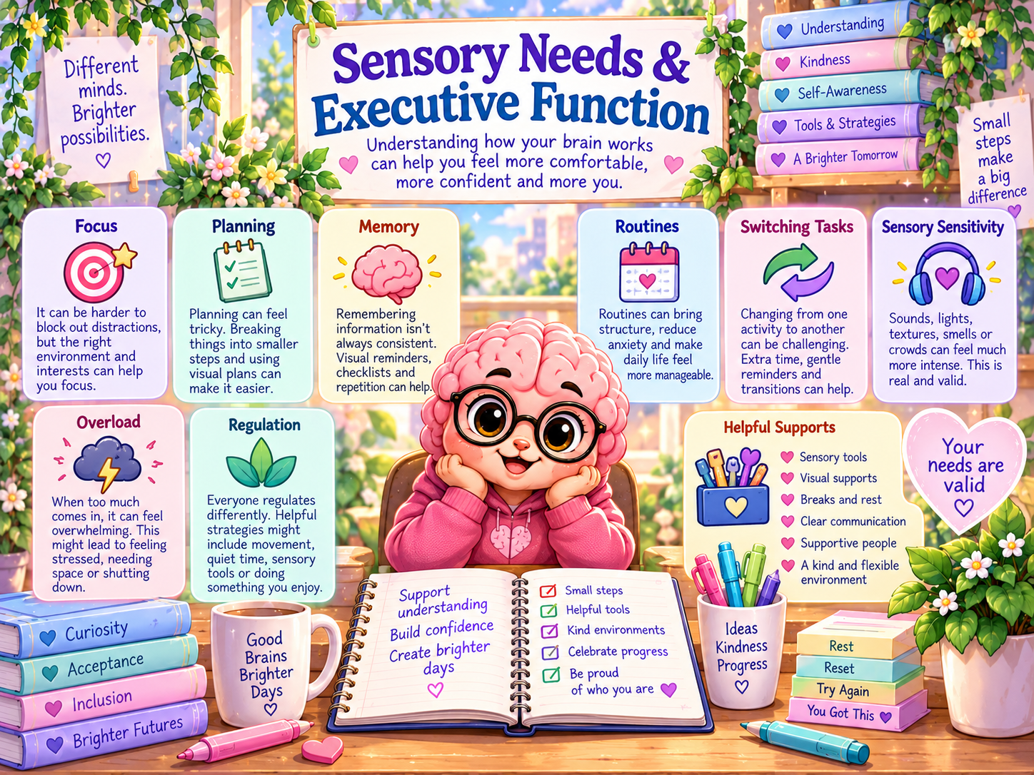 Visual about sensory needs and executive function with practical supportive strategies.