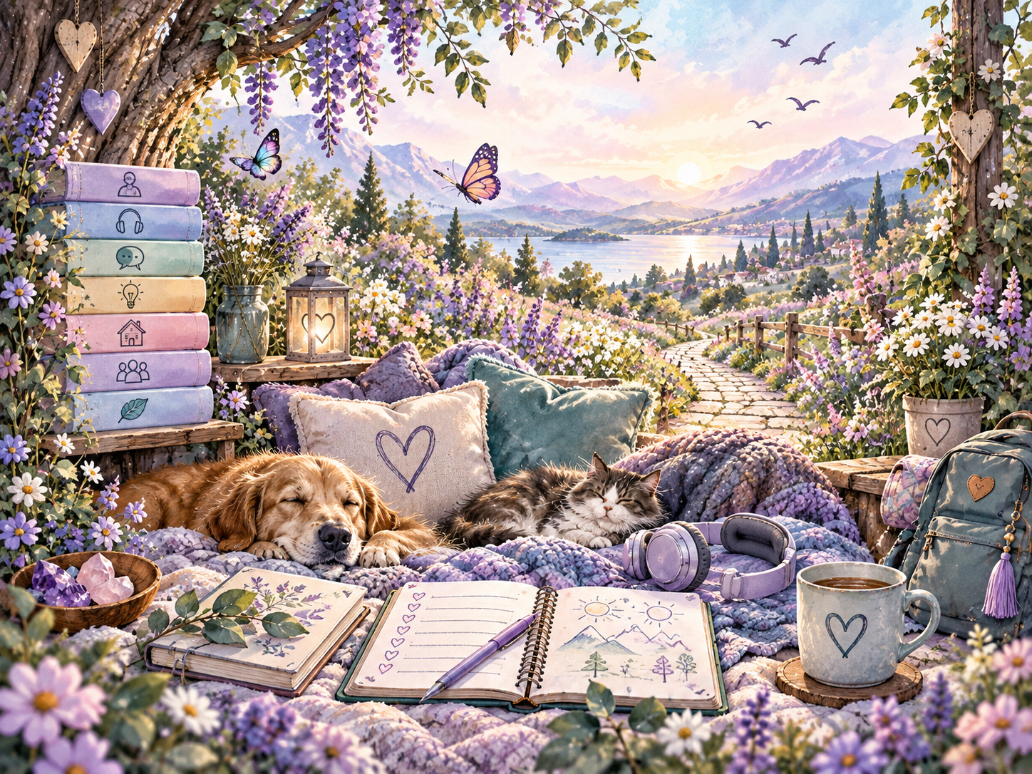 A calm lakeside rest and reflection scene with books and gentle companion animals.