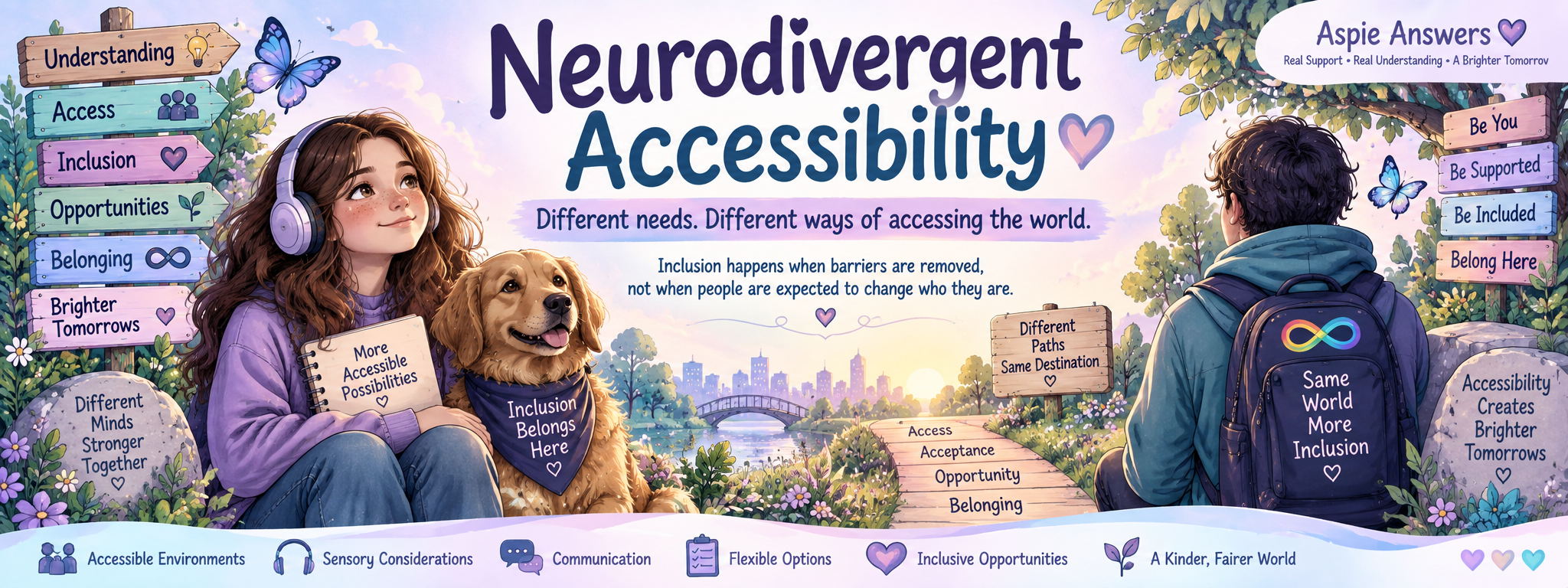 Neurodivergent Accessibility — Aspie Answers accessibility and inclusion illustration.