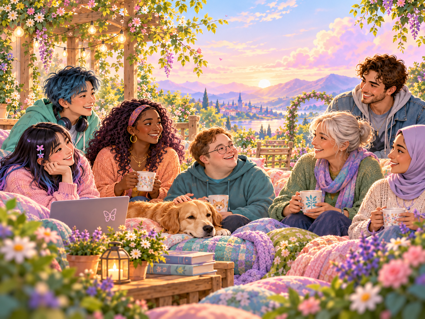 Inclusive neurodivergent community gathering outdoors with people of different ages and backgrounds sharing conversation, laptops, books and quiet companionship.