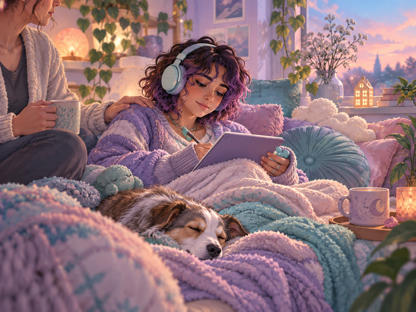 A neurodivergent person using headphones in a calm space, with visual reminders about sensory regulation, safe spaces, routine, written communication, trusted support and valid needs
