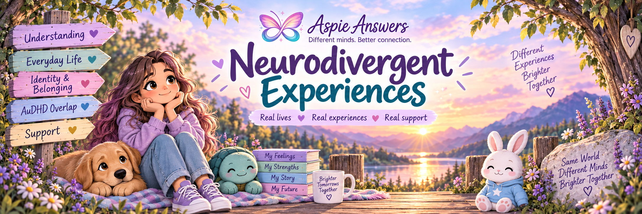 Semi-realistic kawaii person with supportive animal companions in a calm Neurodivergent Experiences landscape