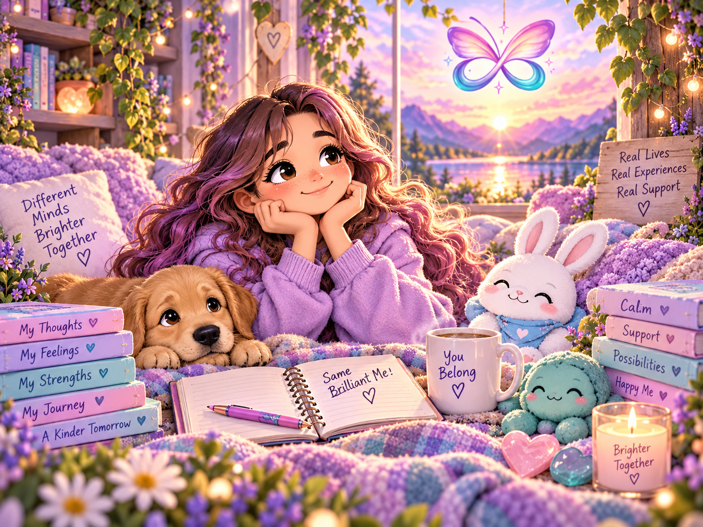Semi-realistic kawaii person relaxing with supportive animal companions, journals and calming objects