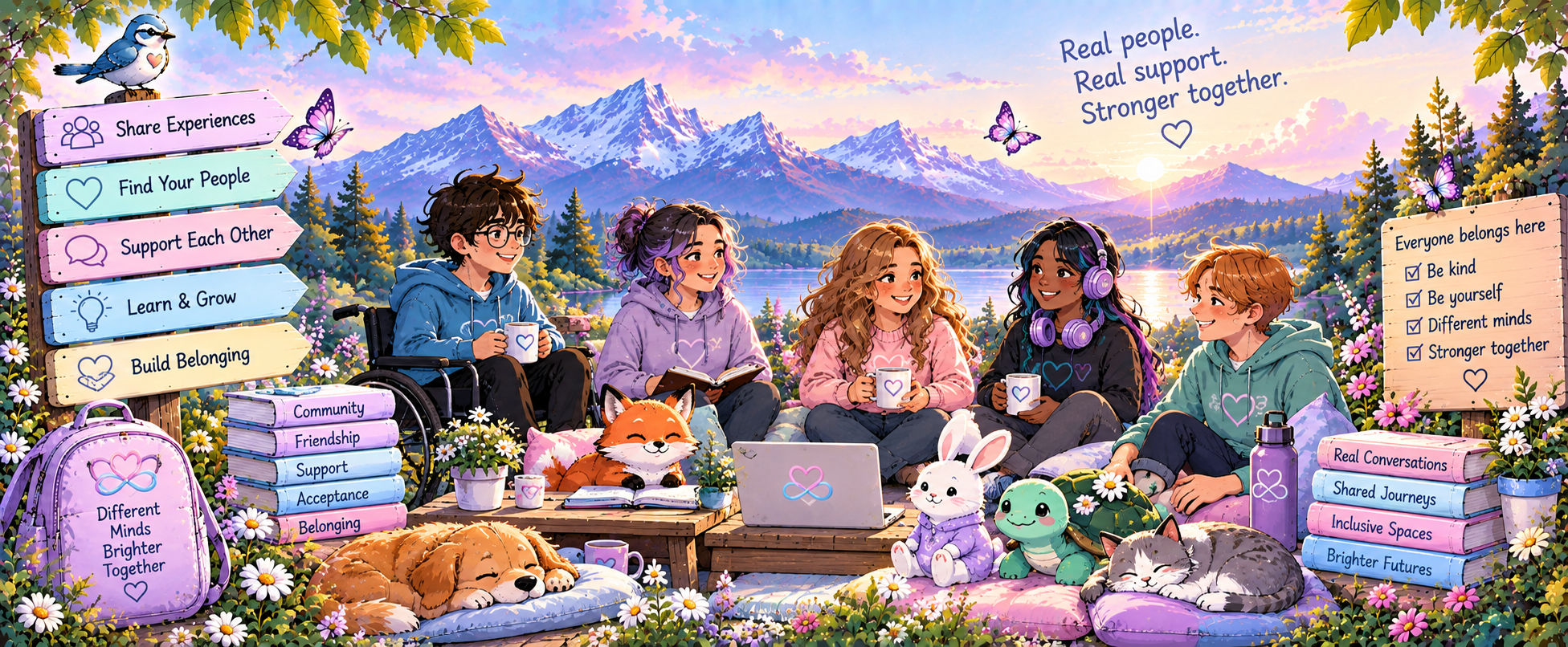 Inclusive community scene with neurodivergent people sharing conversation, books, technology and quiet companionship in a calm outdoor setting.
