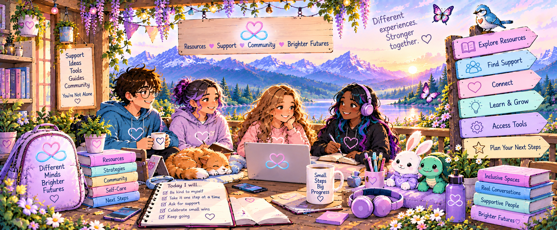 Pastel support and resource scene with people using books, laptops, planners and practical tools together in a welcoming community setting.