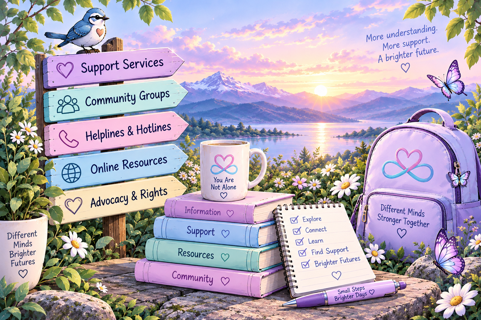Pastel support pathway scene with signposts for support services, community groups, helplines, online resources and advocacy, alongside books, a checklist and everyday support tools.