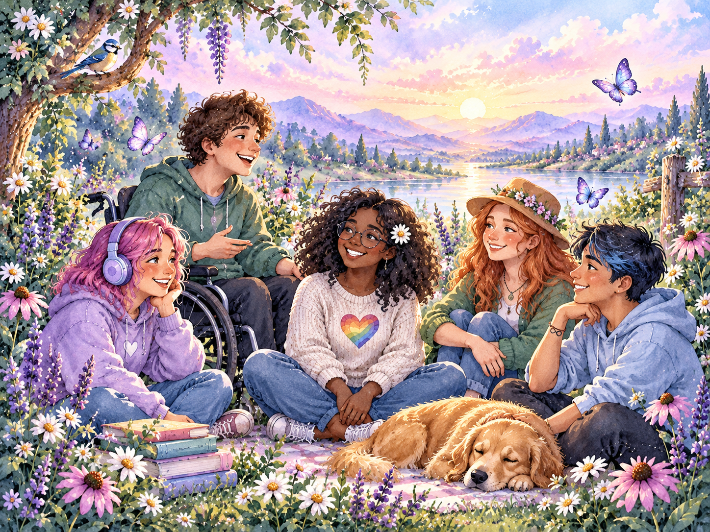 A diverse group of people together in an inclusive garden setting.