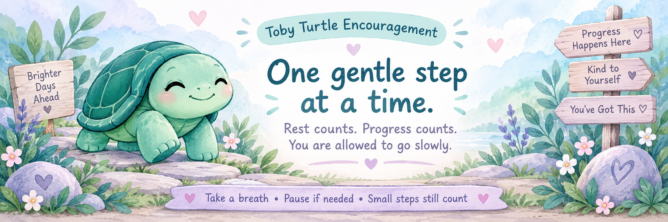 Toby Turtle encouragement: One gentle step at a time. Rest counts. Progress counts. You are allowed to go slowly.