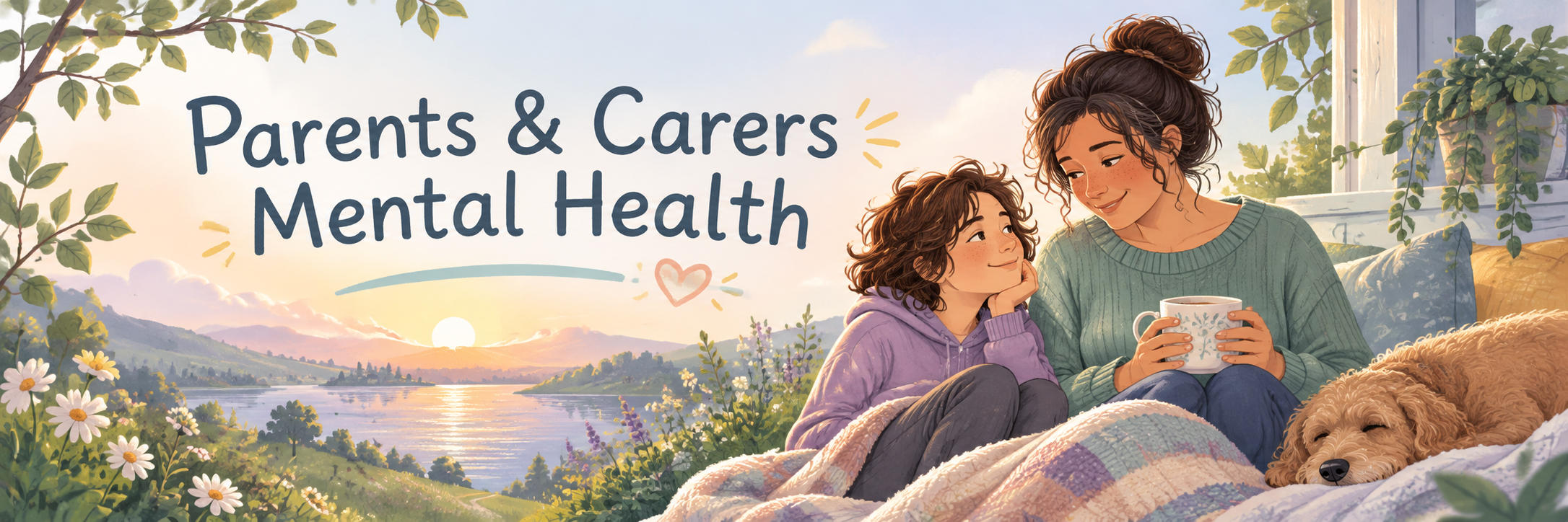 Parents and carers mental health support banner showing a parent and young person sharing a calm moment