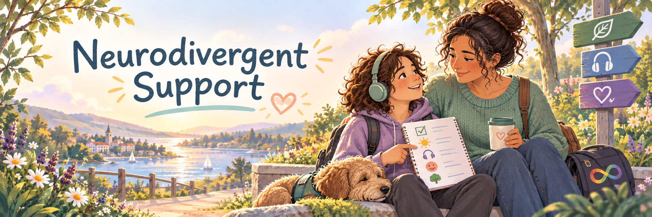 Young neurodivergent person and parent reviewing supportive tools together outdoors