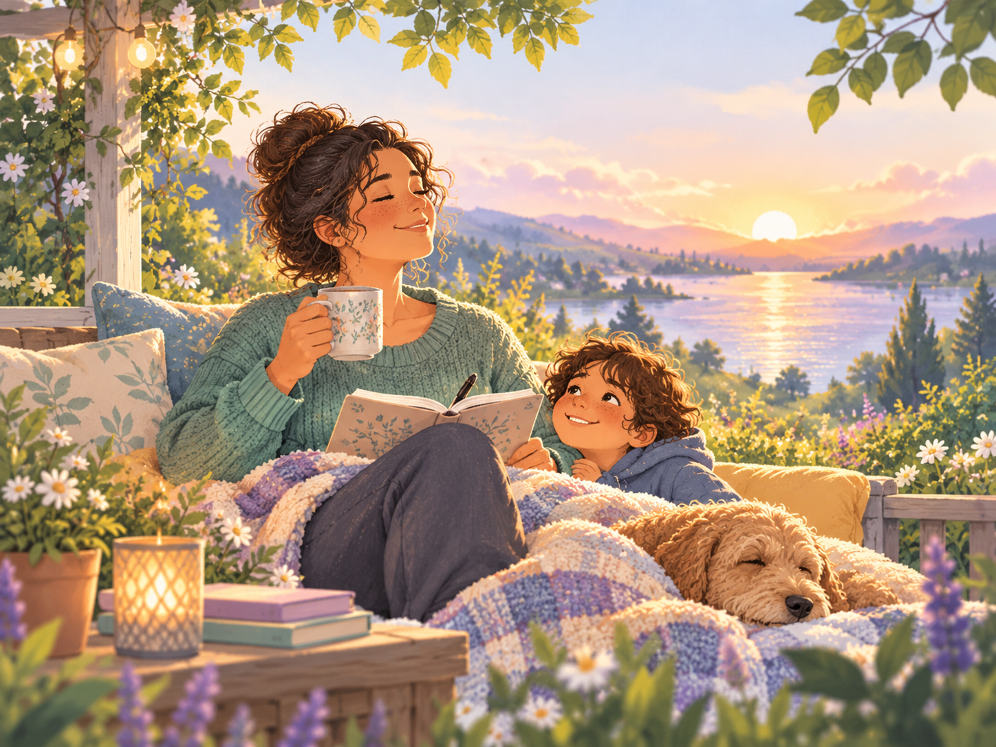 Parent resting with a warm drink while spending calm time with a young person