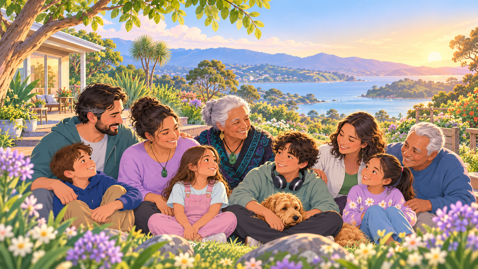 Inclusive multigenerational family and whānau gathering together in a calm outdoor community setting