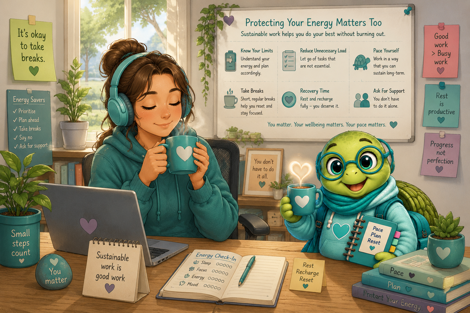 Semi-realistic workplace scene showing a worker taking a restorative break with Toby Turtle, representing pacing, energy management, recovery and sustainable working