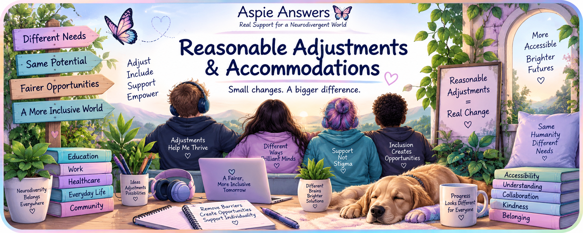 Reasonable Adjustments & Accommodations — Aspie Answers accessibility and inclusion illustration.