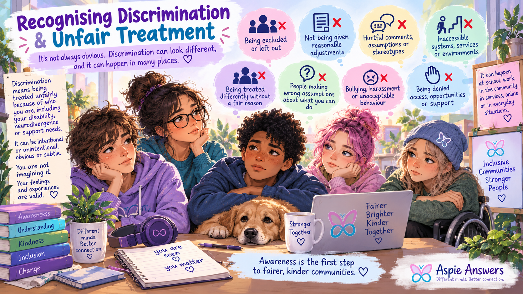 Illustrated guide to recognising discrimination and unfair treatment, including exclusion, unequal treatment, inaccessible systems, assumptions and harassment.