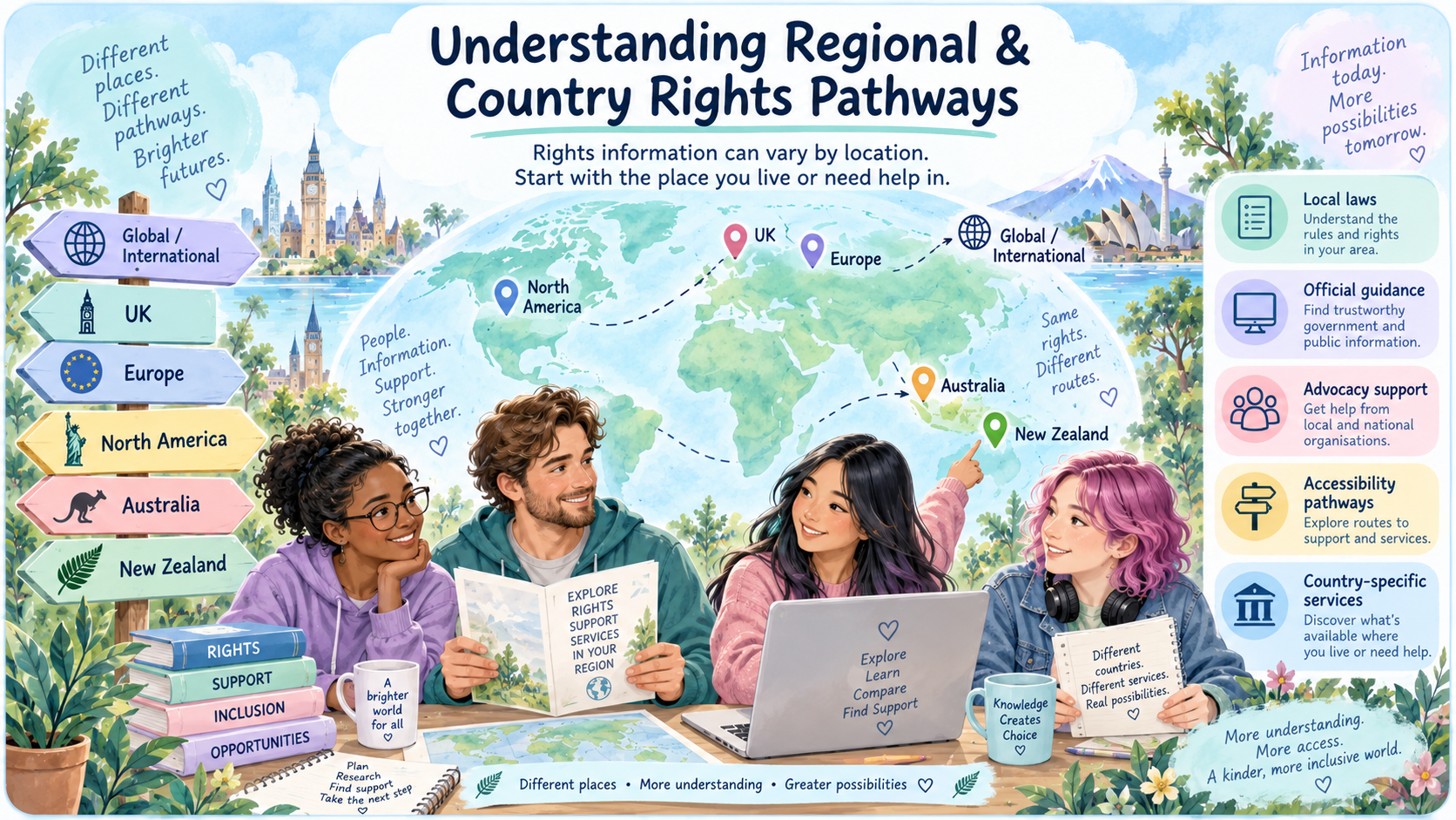 Regional and Country Rights Pathways infographic showing worldwide routes to disability rights, accessibility information, advocacy and support.