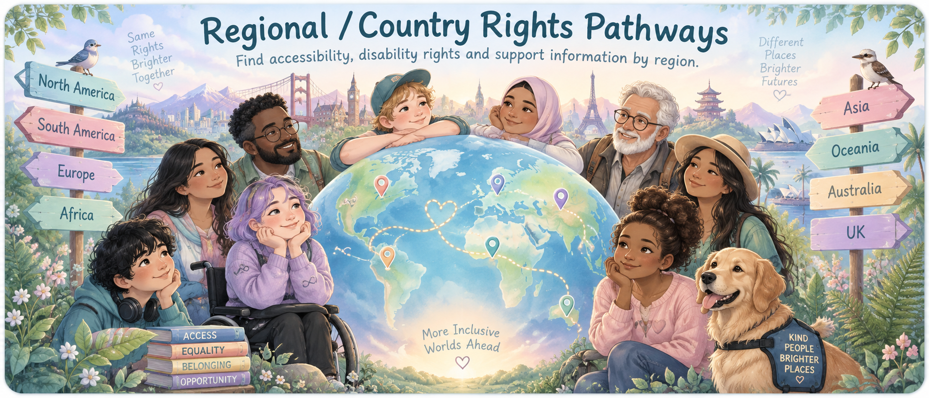 Regional and country rights pathways illustration showing a connected world, accessibility, rights and pathways to local information.