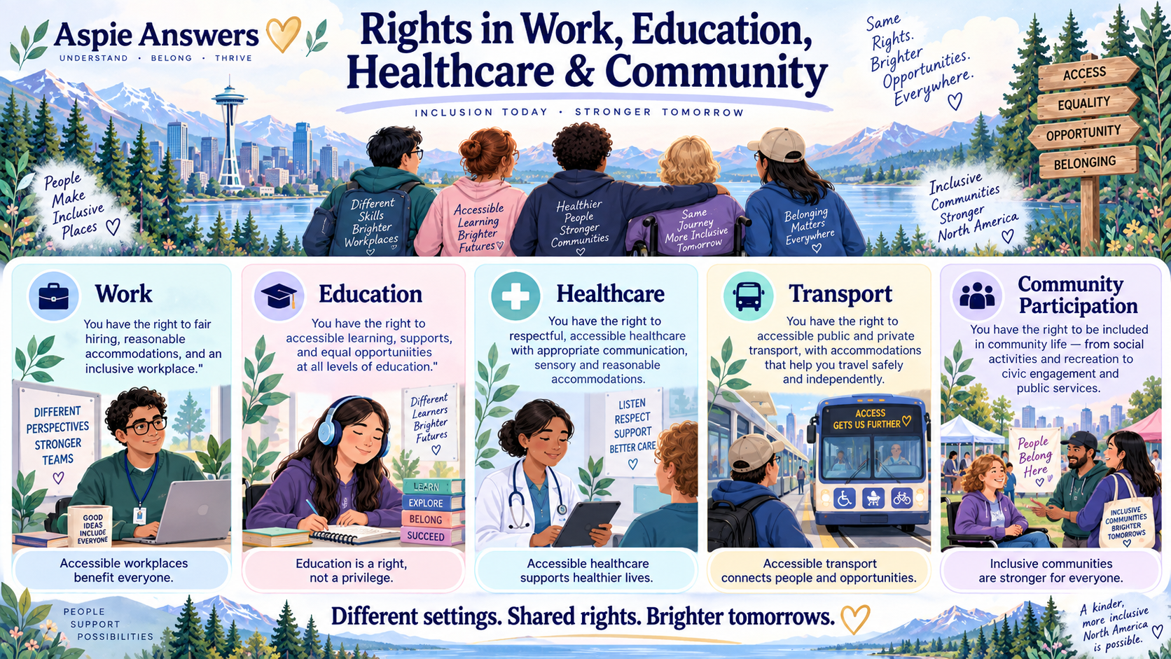 Rights in work, education, healthcare, transport and community participation across North America.