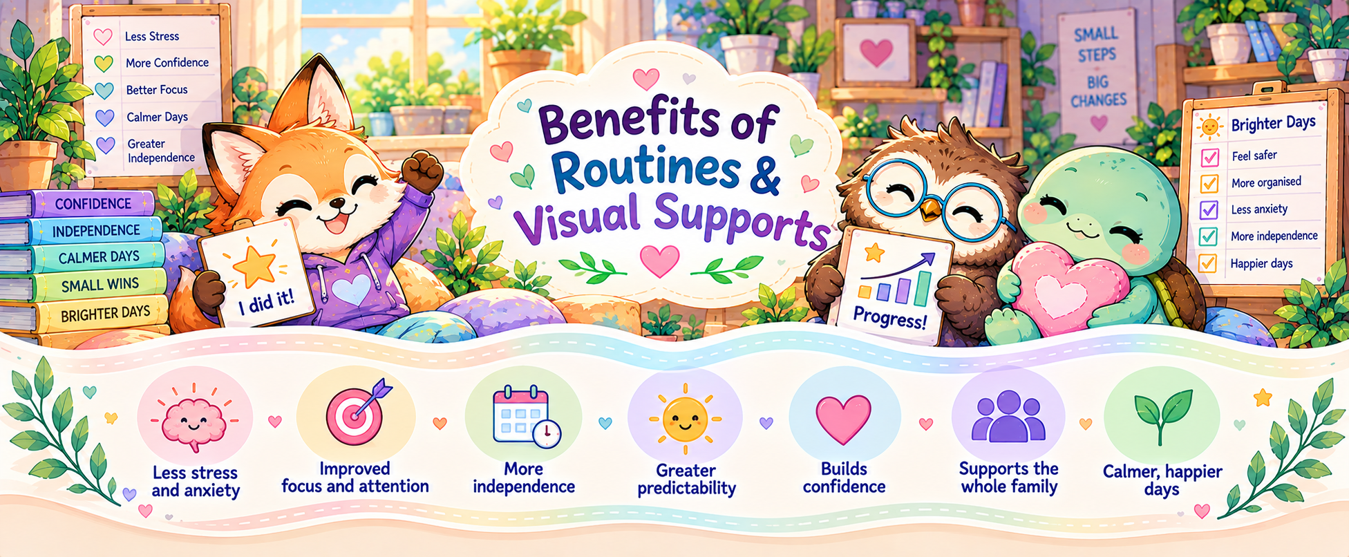 Illustrated divider showing possible benefits of routines and visual supports including lower stress, confidence and independence