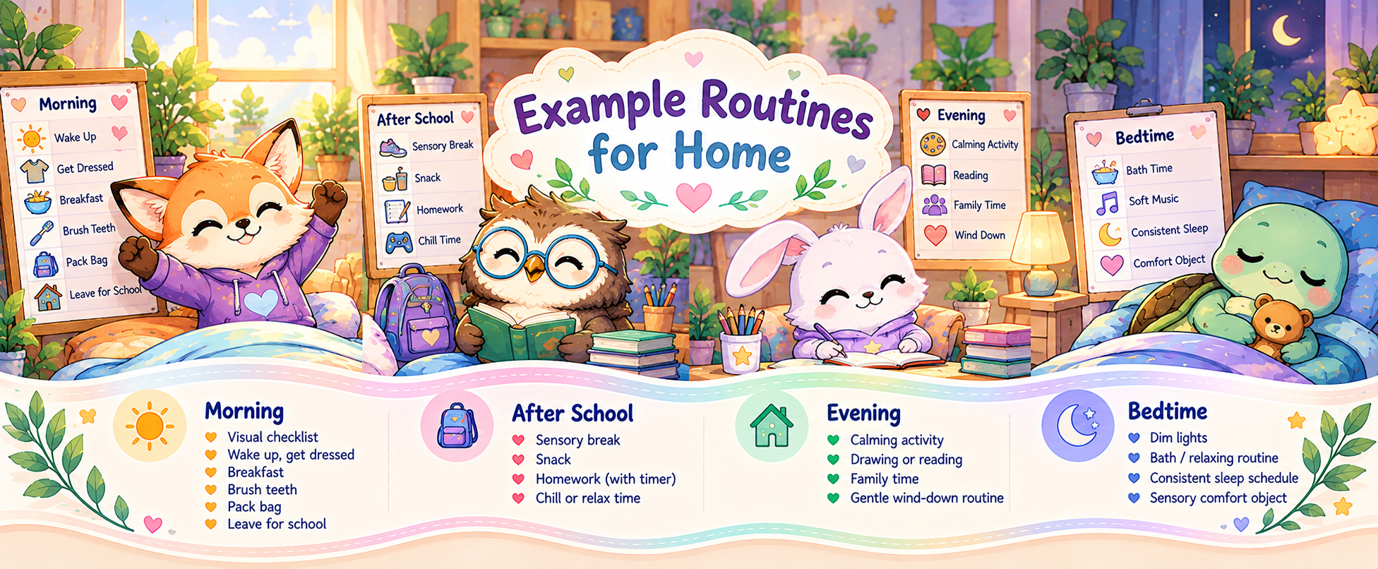Illustrated divider showing example morning, after-school, evening and bedtime routines
