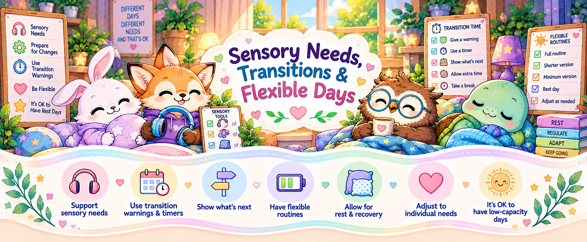 Illustrated divider about sensory needs, transition warnings, flexible routines, rest and low-capacity days