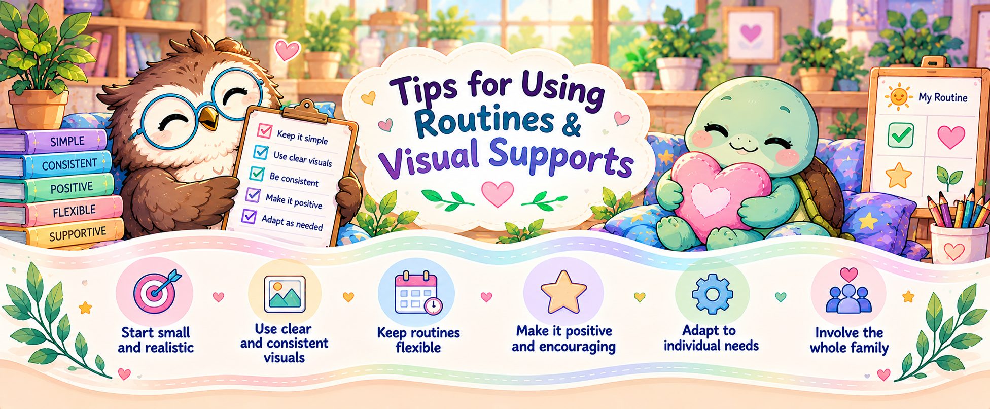 Illustrated divider with tips for using routines and visual supports in a flexible and supportive way