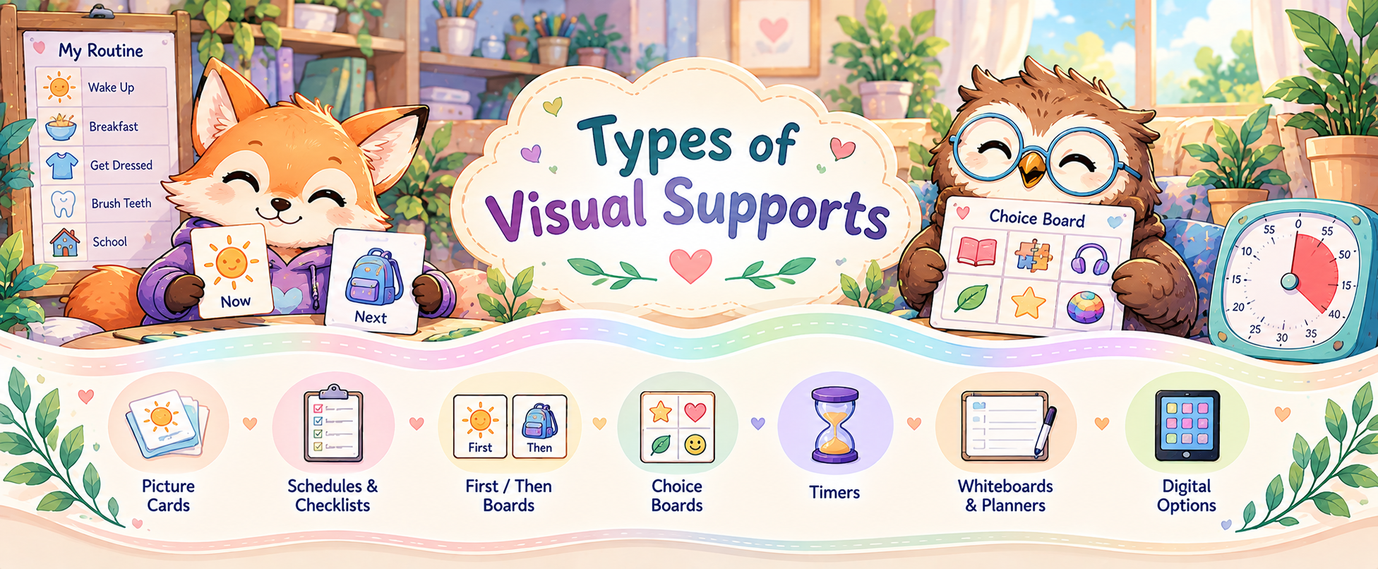 Illustrated divider showing picture cards, schedules, First Then boards, choice boards, timers, planners and digital visual supports