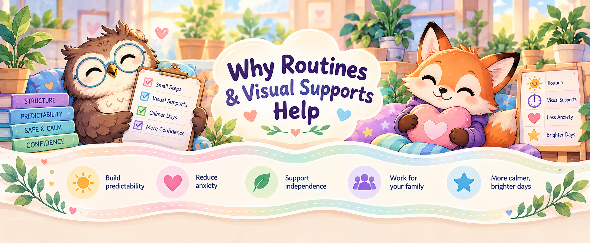 Illustrated divider explaining why routines and visual supports can help with predictability, anxiety and independence