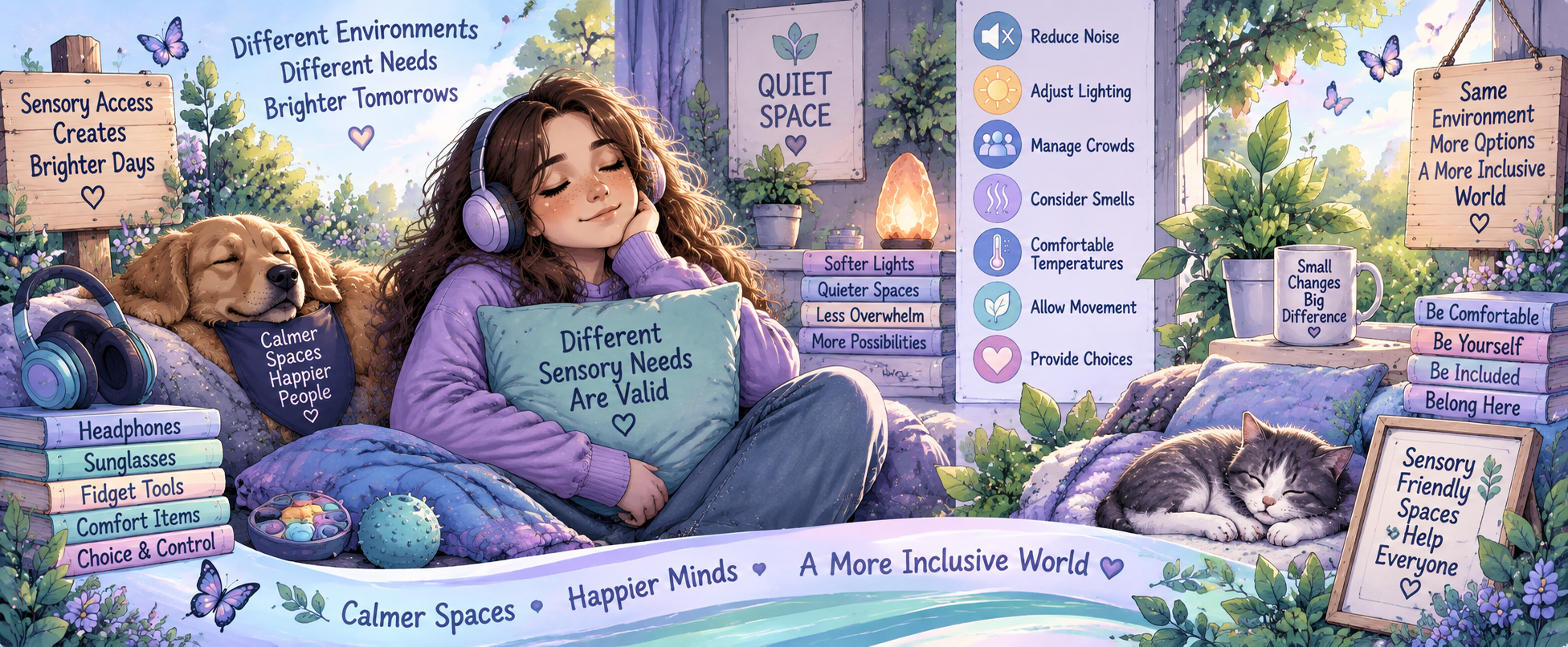 Sensory accessibility including quieter spaces, lighting, noise, comfort and sensory choices.