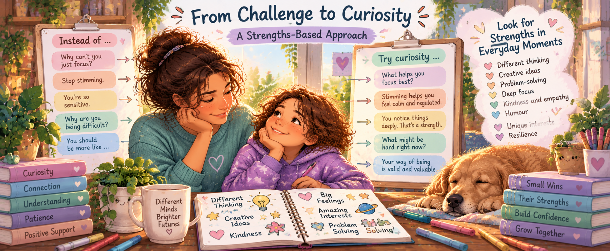 Illustrated divider about moving from criticism and correction toward curiosity, understanding and strengths-based language