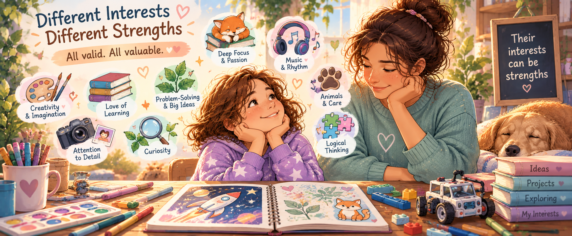 Illustrated divider showing different interests and strengths including creativity, learning, curiosity, music, animals, focus and logical thinking