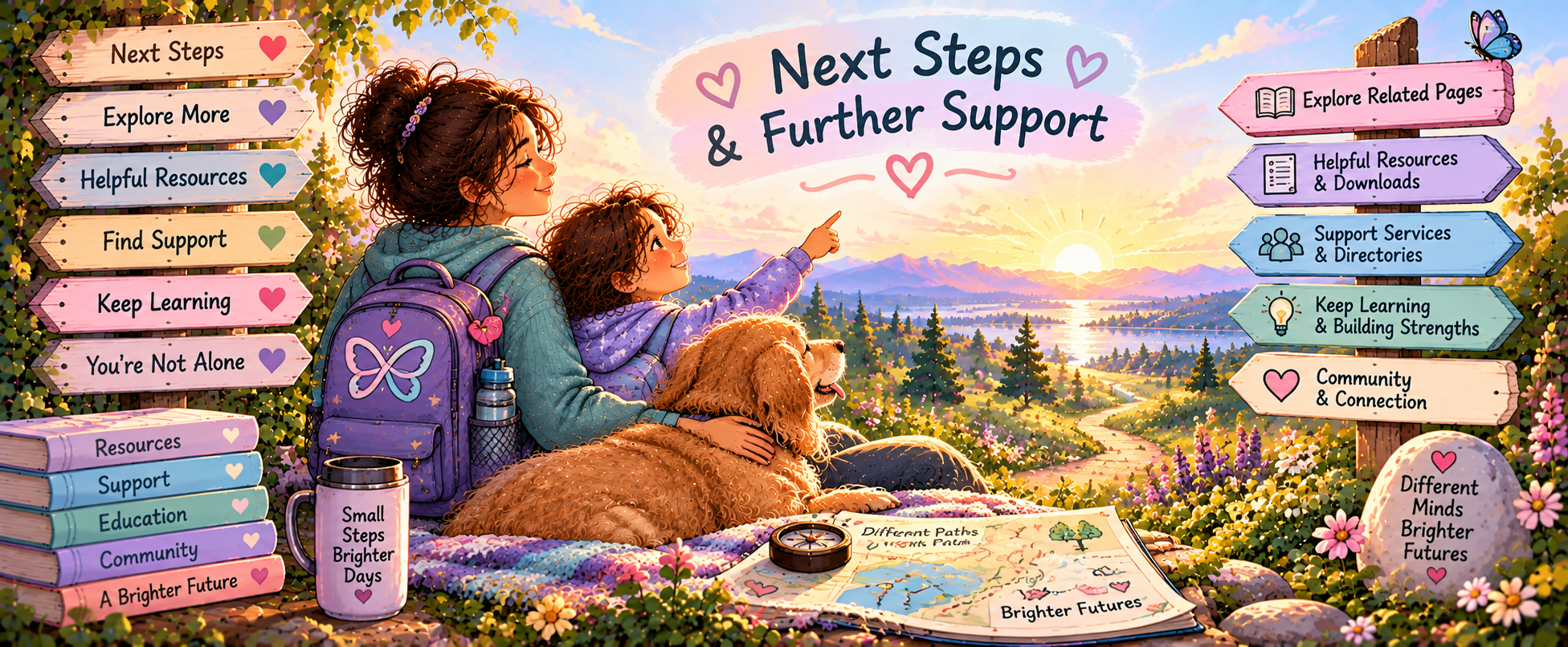 Illustrated divider showing pathways to related pages, resources, support, community and continued learning