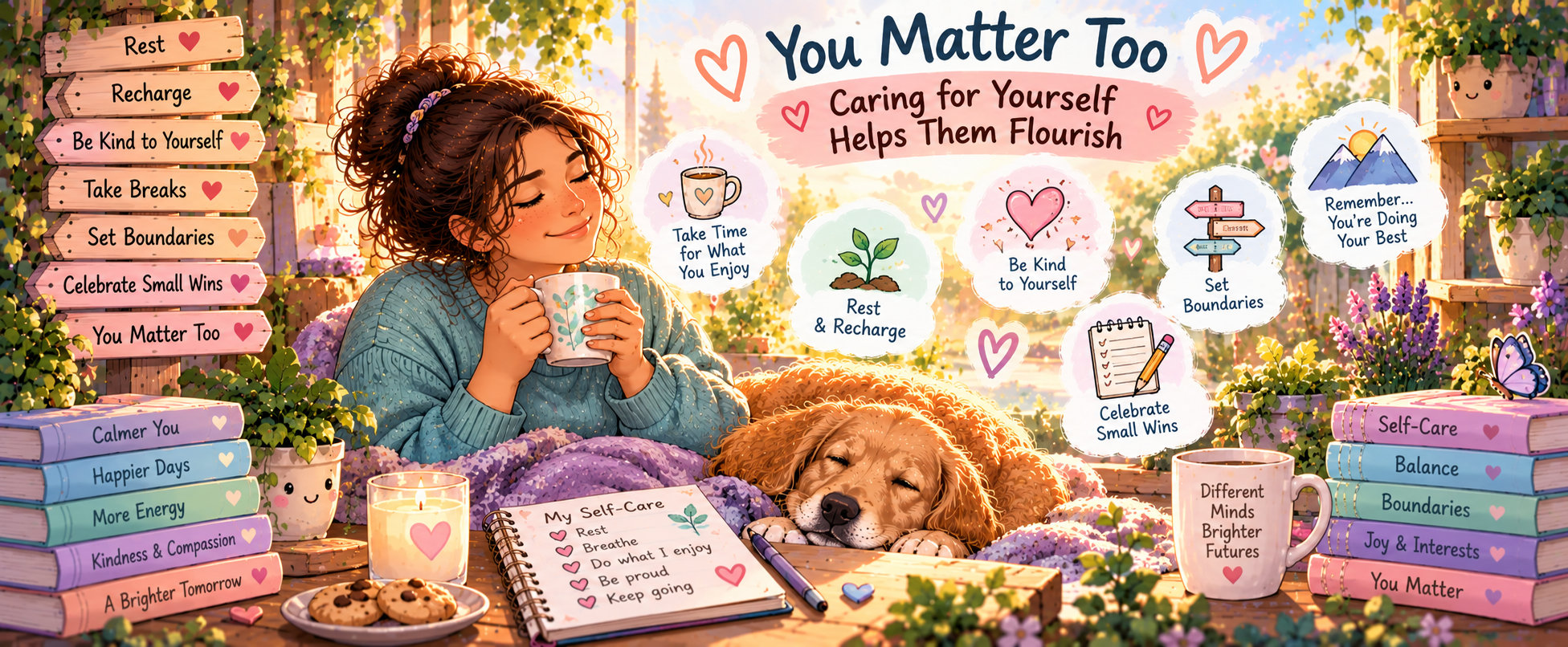 Caregiver resting with a warm drink beside a sleeping dog, representing parent and carer wellbeing