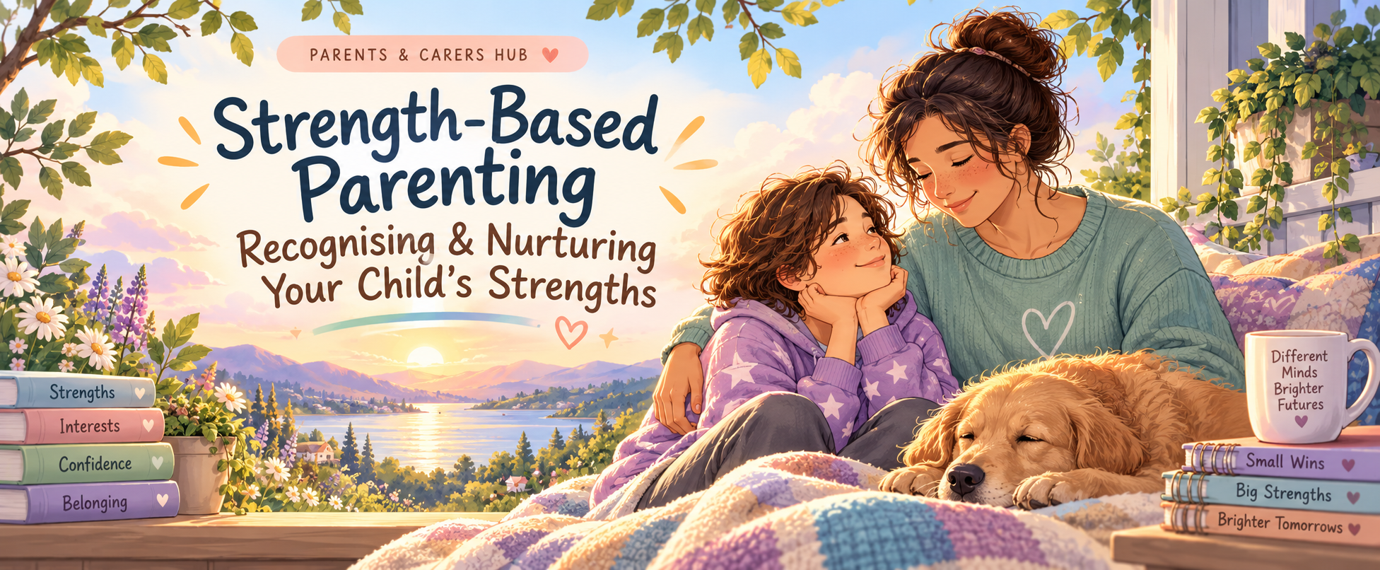 Strength-Based Parenting banner showing a caregiver and child sharing a warm, supportive moment