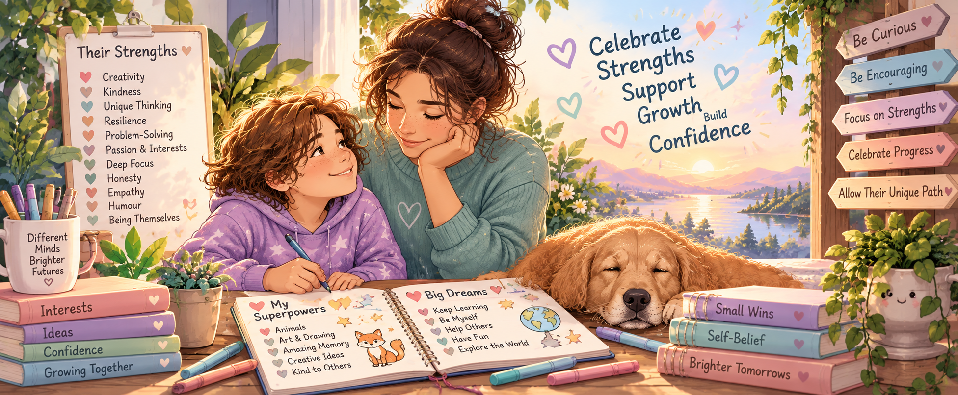 Illustrated divider celebrating creativity, kindness, problem-solving, interests, focus, honesty, empathy and individuality