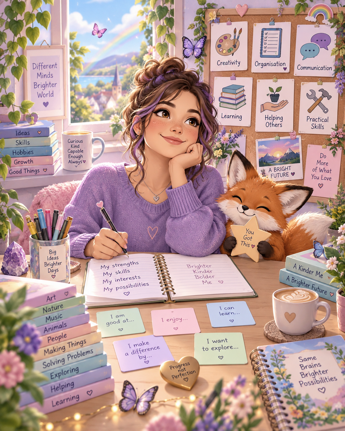 Semi-realistic kawaii reflection scene showing creativity, organisation, communication, learning, helping others and practical skills