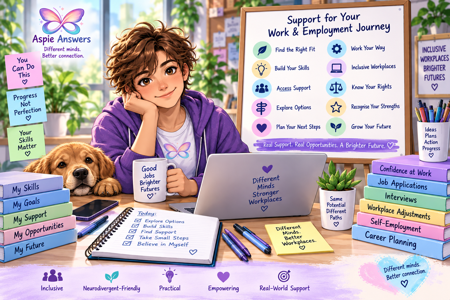 Aspie Answers illustration about support for your work and employment journey, including finding the right fit, building skills, accessing support, knowing your rights and planning next steps.