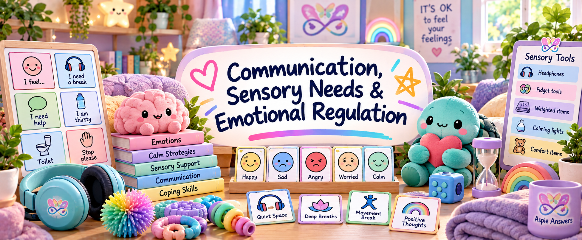 Communication, sensory needs and emotional regulation visual with communication cards, feelings prompts, headphones and sensory tools