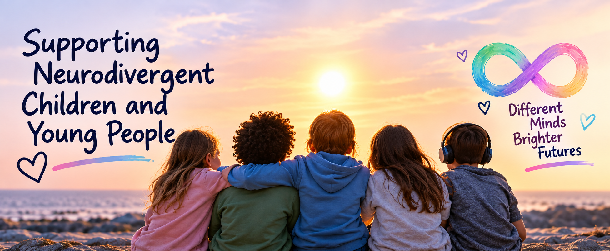 Supporting Neurodivergent Children and Young People banner showing young people together at sunset with a neurodiversity infinity symbol