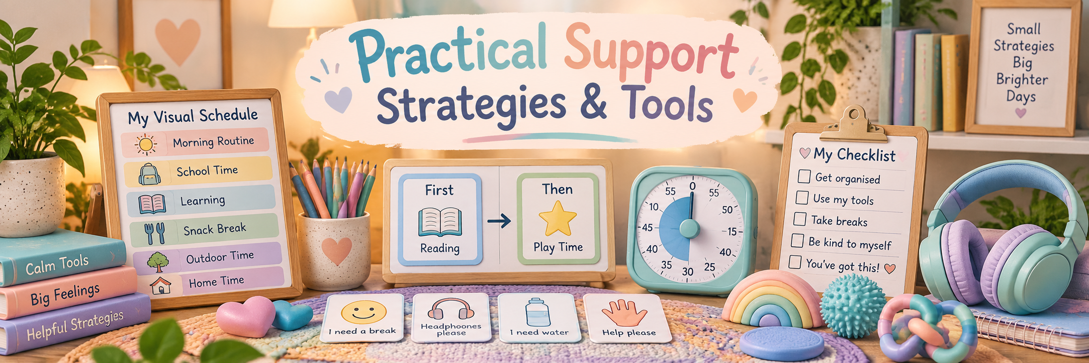 Practical support strategies and tools including visual schedules, First Then support, timers, checklists, communication cards and sensory tools