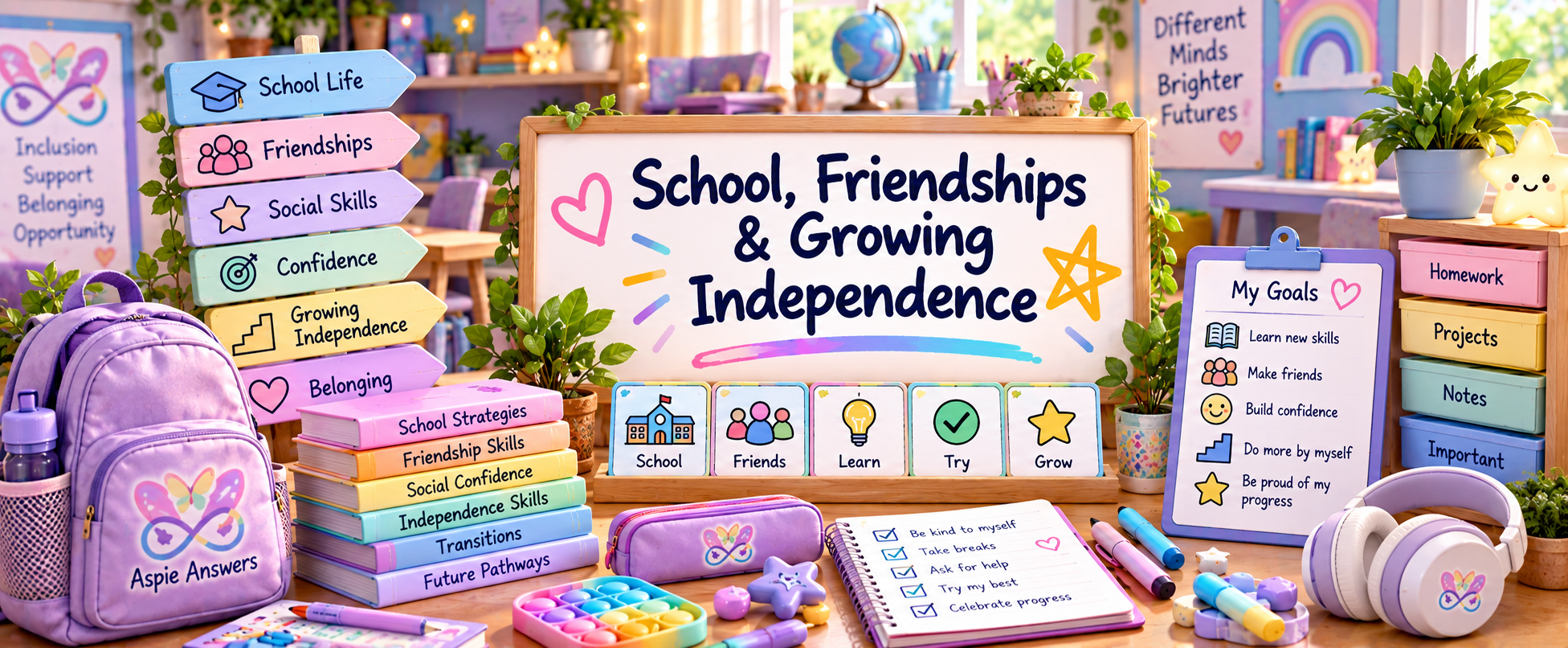 School, friendships and growing independence visual with learning, friendship, confidence and goal-setting supports