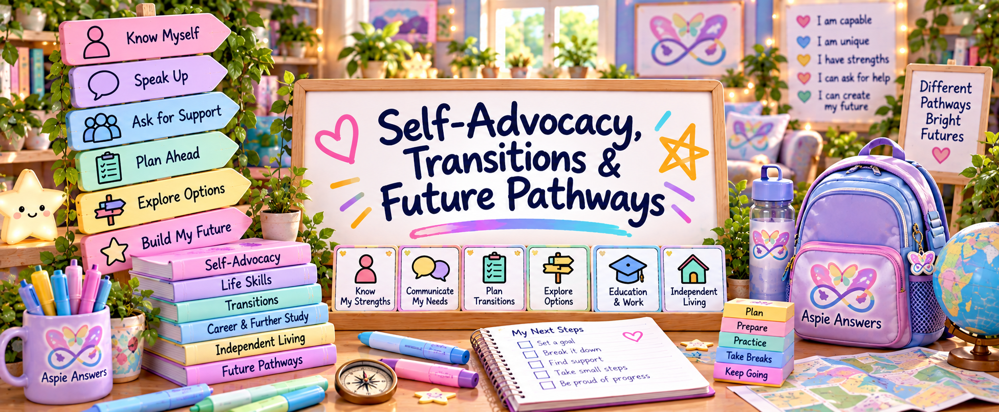 Self-advocacy, transitions and future pathways visual with planning, communication, education, work and independent living supports