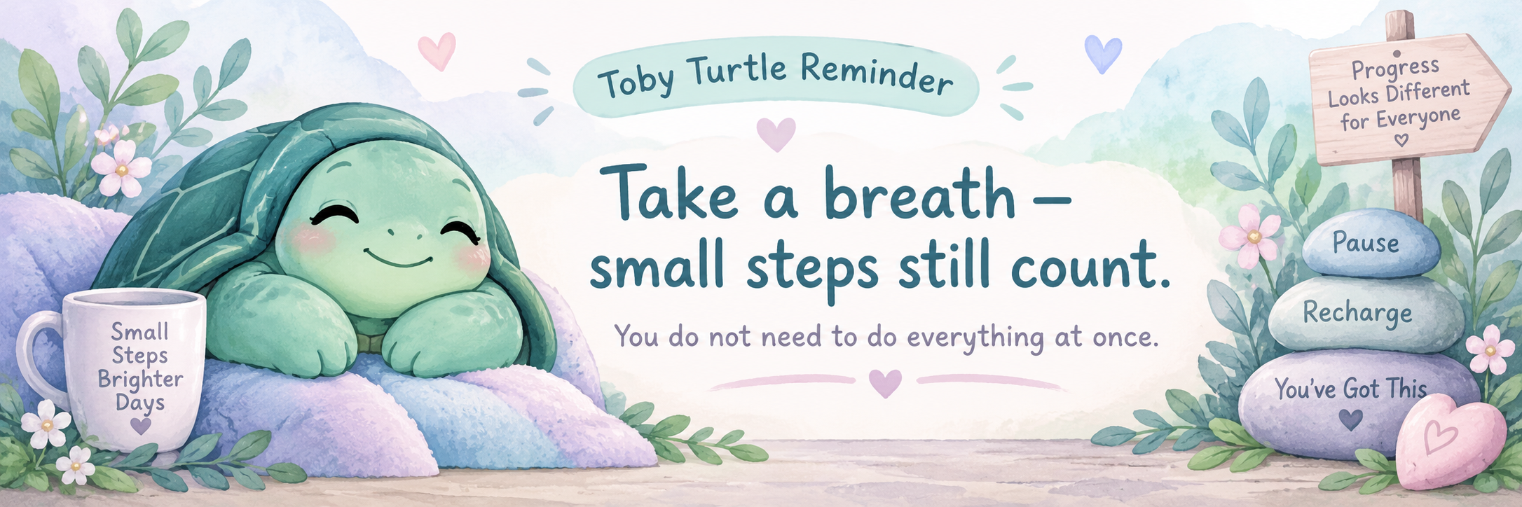 Toby Turtle reminder: Take a breath — small steps still count. You do not need to do everything at once.