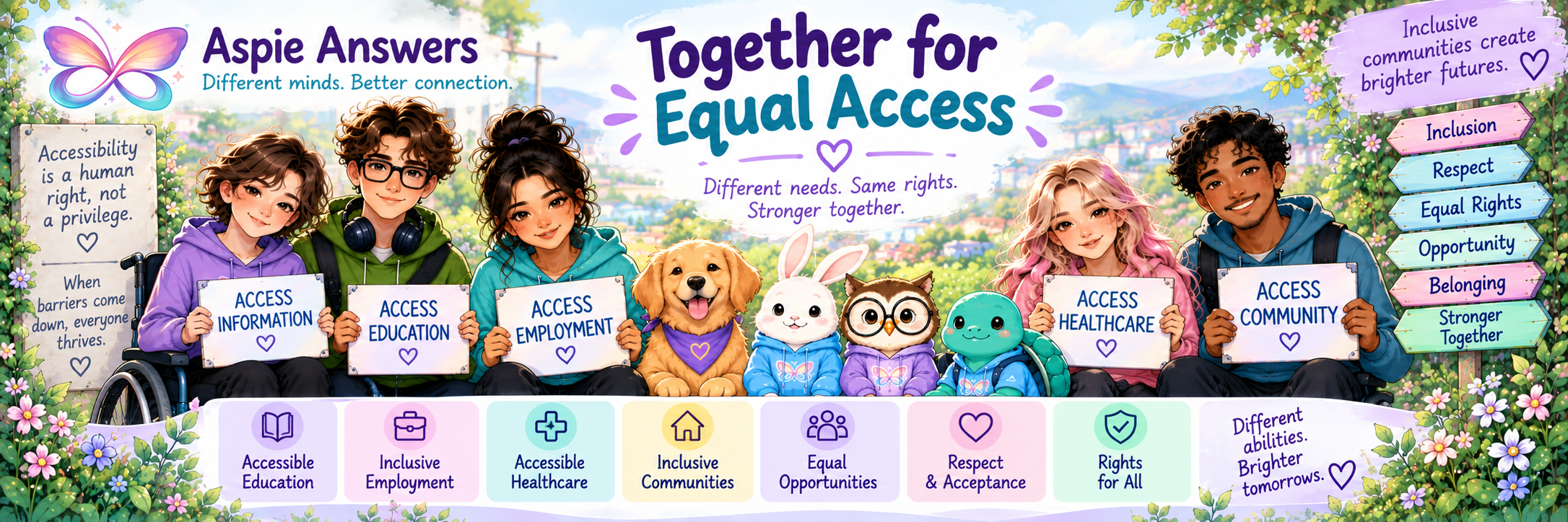 Together for equal access, highlighting education, healthcare, employment, community, respect, opportunity and belonging.