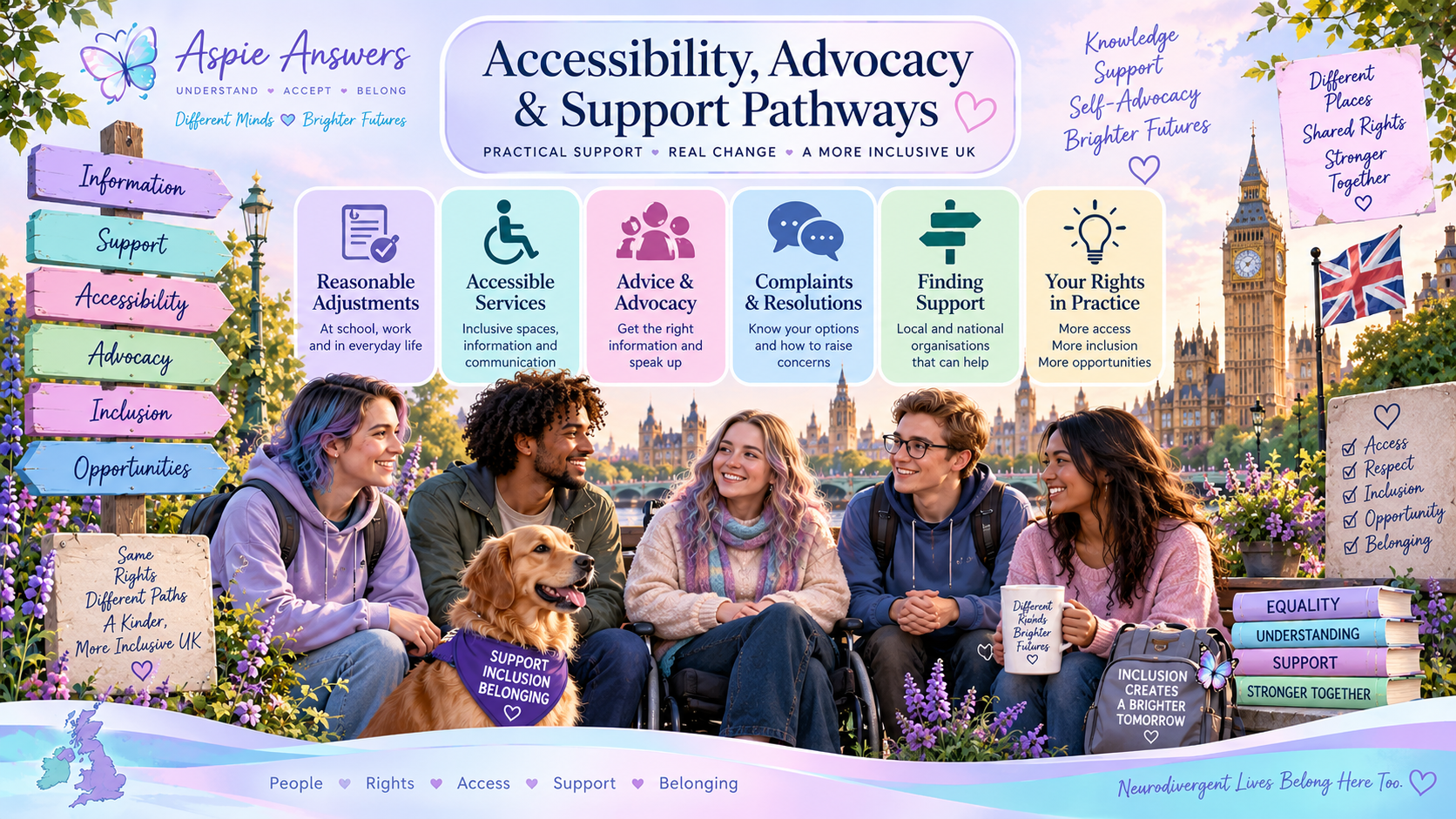 Illustrated UK accessibility and advocacy support pathway showing adjustments, accessible services, advice, advocacy, complaints and finding support.