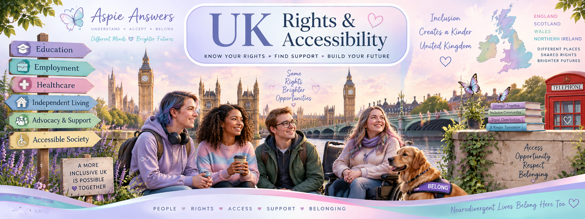 Pastel illustrated UK Rights and Accessibility banner showing disabled and neurodivergent people, the four UK nations and inclusive community imagery.