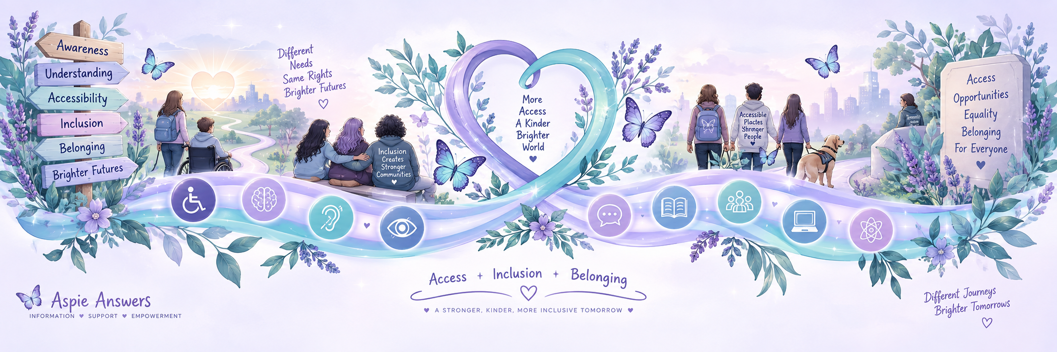 Decorative Understanding Accessibility divider showing pathways, inclusion, belonging, accessibility symbols, butterflies and botanical details.