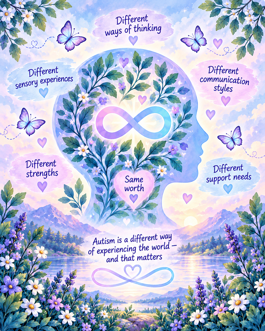 Illustration showing different autistic ways of thinking, sensory experiences, communication styles, strengths and support needs with the message same worth