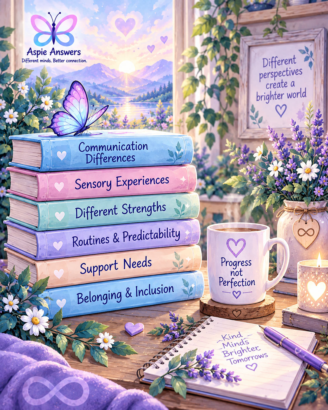 Pastel Aspie Answers illustration showing different autism experiences including communication, sensory experiences, strengths, routines and support needs