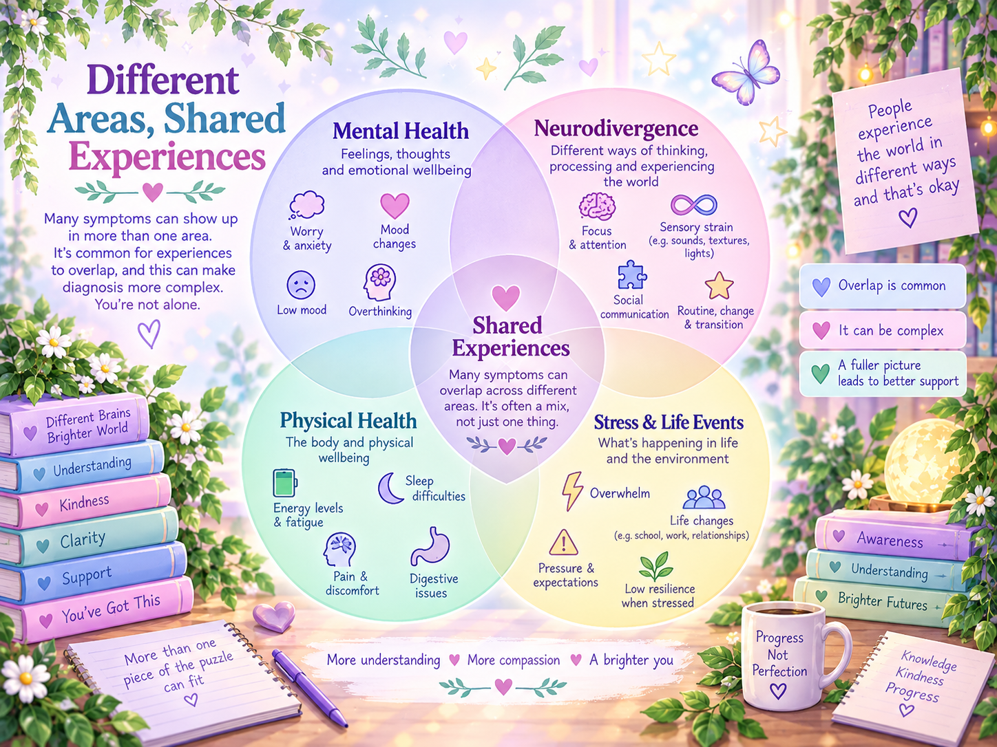 Educational visual showing a process of noticing patterns, gathering context, considering overlap, seeking assessment and planning support.
